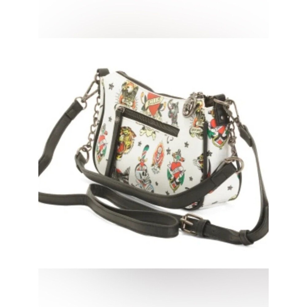 Ed Hardy White Graphic Crossbody Bag with Black Strap